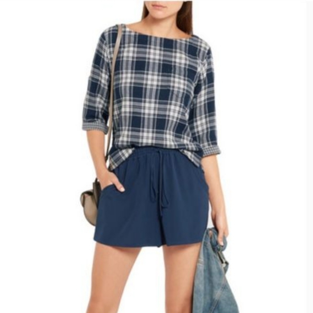Madewell Navy White Plaid 3/4 Sleeves Top Blouse